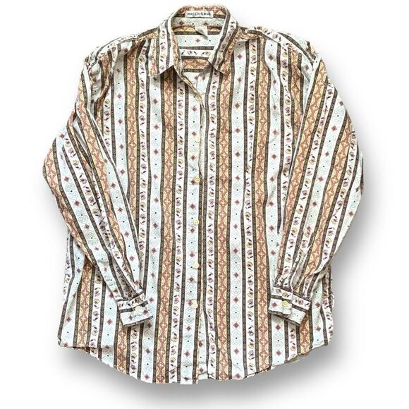 Vintage Maggie & Max White Brown Floral Button Front Long Sleeve Collared Boho - Picture 3 of 9